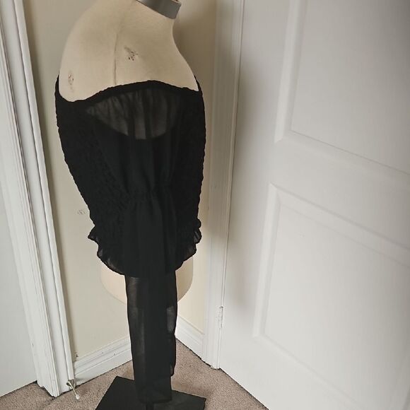 Elegant Black Smocked Sheer Long Sleeve Blouse - Picture 7 of 16